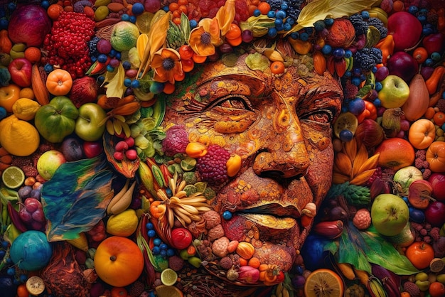 Uma imagem colorida do rosto de um homem com frutas