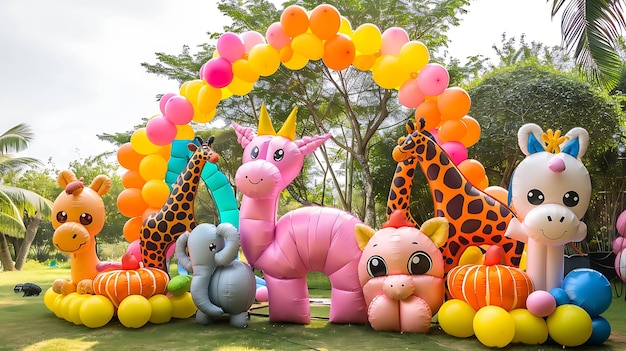 Uma imagem colorida e caprichosa de um grupo de animais infláveis e balões