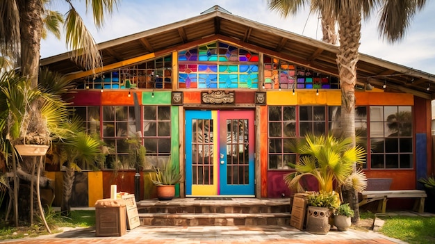 Uma imagem colorida e eclética de uma casa de praia com um toque boêmio que mistura elementos modernos e rústicos