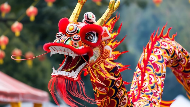 Uma imagem colorida e vibrante de um dragão chinês O dragão é vermelho e dourado com detalhes intrincados e escamas