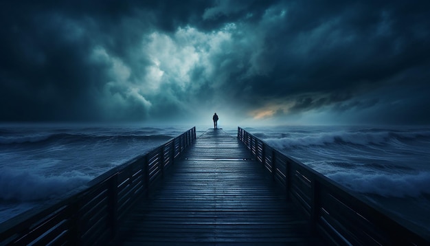 uma imagem com tema de segunda-feira azul da silhueta de uma pessoa de pé na borda de um cais