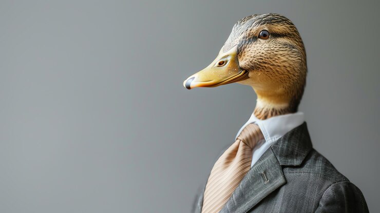 Foto uma imagem cômica de um pato vestido com um terno de negócios com um fundo cinza
