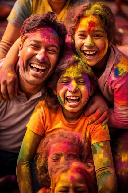 Uma imagem comovente com uma família desfrutando de holi juntos com sorrisos e risos ao redor