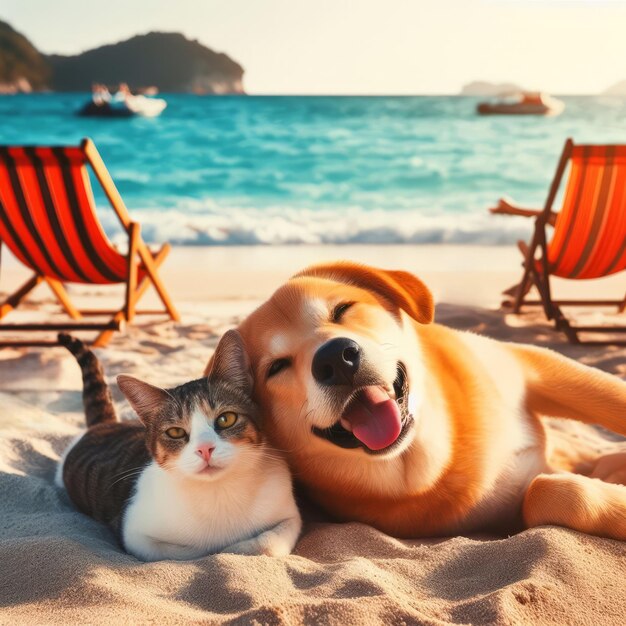 Uma imagem comovente de um cão e um gato desfrutando de um momento pacífico juntos na praia com cadeiras de terraço