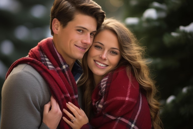 Uma imagem comovente de um casal amoroso compartilhando um único lenço de Natal sorrindo