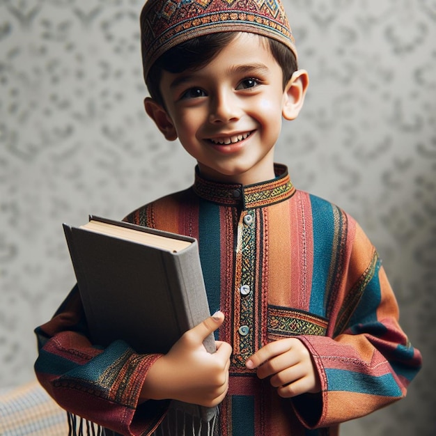 Foto uma imagem comovente de um menino muçulmano irradiando bondade, amor e compaixão sem esforço.