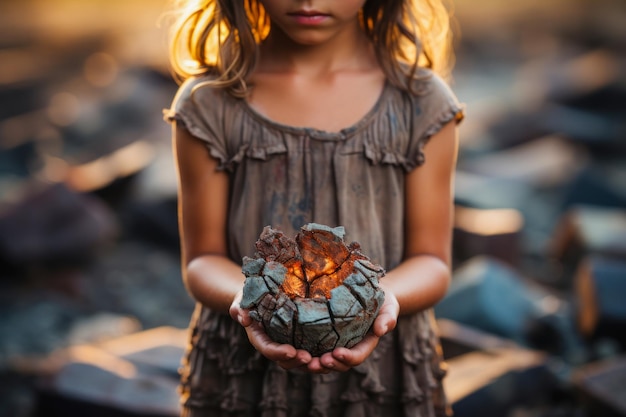 Foto uma imagem comovente de uma criança segurando um brinquedo quebrado, um símbolo comovente de inocência perdida