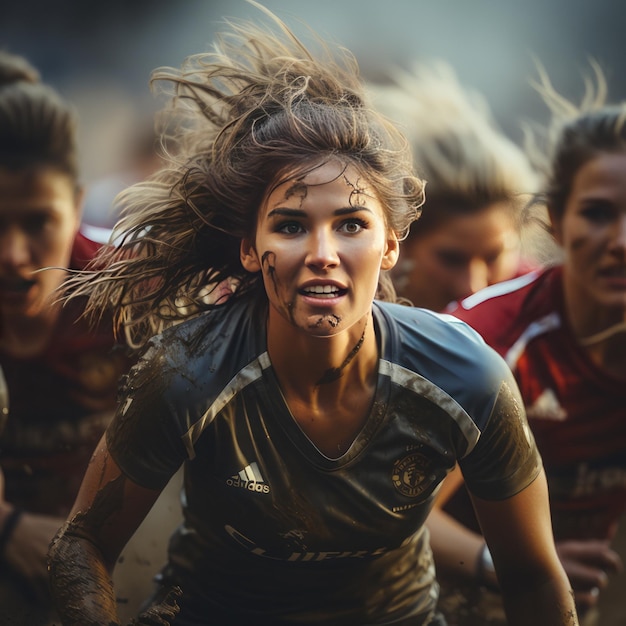 Uma imagem composta de uma jogadora de futebol em ação