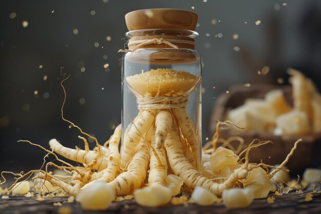 Foto uma imagem conceitual de raízes de ginseng torcendo-se em uma relógio de areia simbolizando a natureza atemporal de sua vitalidade