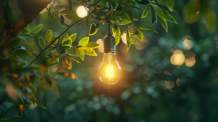 Uma imagem conceitual de uma lâmpada acesa pendurada entre folhas verdes representando energia ecológica e
