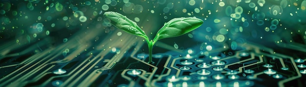 Foto uma imagem conceitual de uma planta verde brotendo de uma placa de circuito eletrônico
