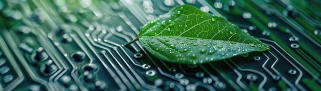 Uma imagem conceitual que combina natureza e tecnologia com uma folha verde em uma placa de circuito