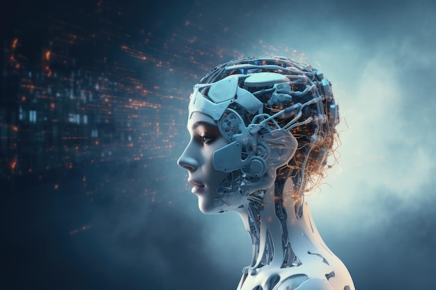 Uma imagem conceitual simbólica da tecnologia de IA fundida com um cérebro de robô humano por IA generativa