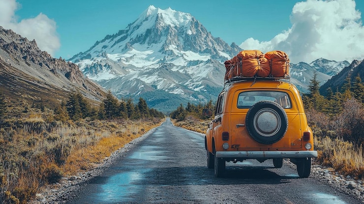 Foto uma imagem convidativa de uma viagem de carro no dia do trabalho com um carro lotado para uma viagem e uma rota cênica à frente