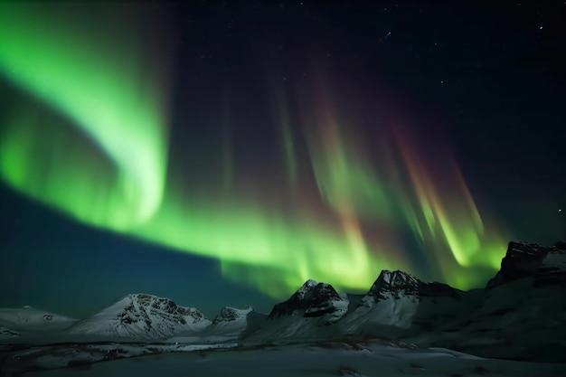 Uma imagem da aurora boreal acima de uma montanha nevada.