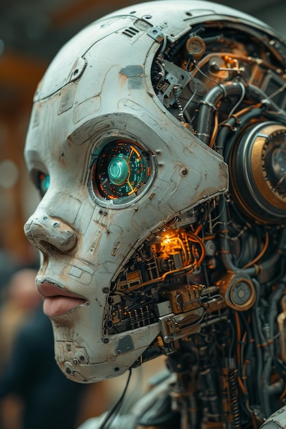 Uma imagem da cabeça de um robô feminino O conceito da ilustração 3D do futuro