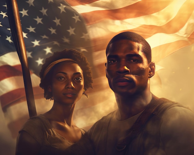 Uma imagem da pintura de um casal de homens e mulheres afro-americanos confiantes com bandeira americana