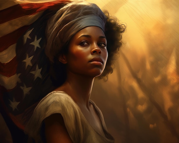 Uma imagem da pintura de uma bela mulher afro-americana forte olhando para o futuro com o Amer