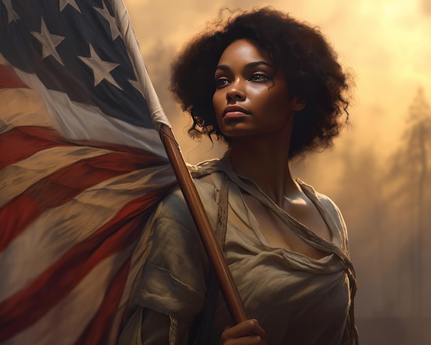 Uma imagem da pintura de uma linda mulher afro-americana usando um chapéu com as estrelas e o Amer