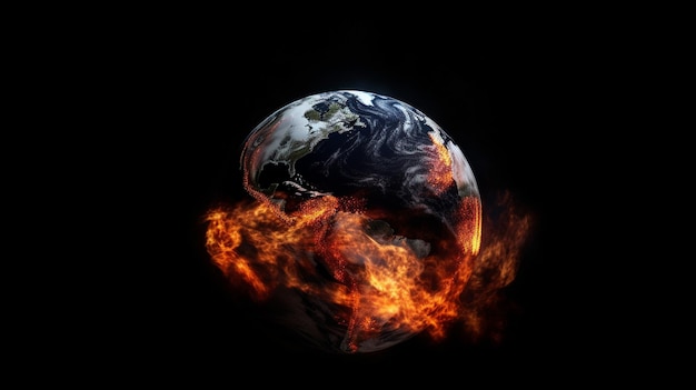 Foto uma imagem da terra com a terra no meio e as chamas no fundo.