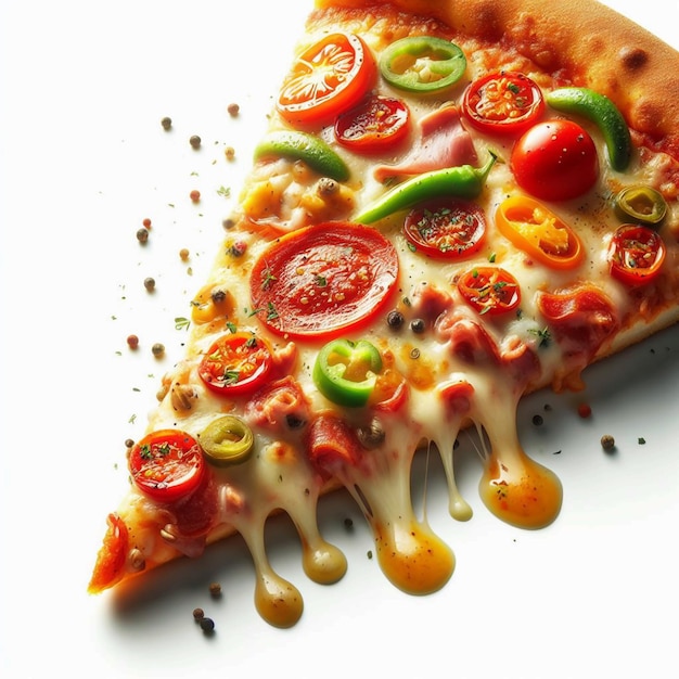 Uma imagem de alta resolução em close-up capturando as texturas e cores de uma fatia de pizza com coberturas