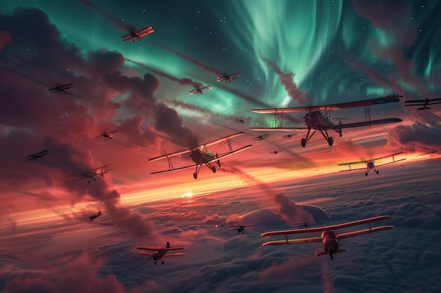uma imagem de aviões voando no céu com a aurora boreal acima deles