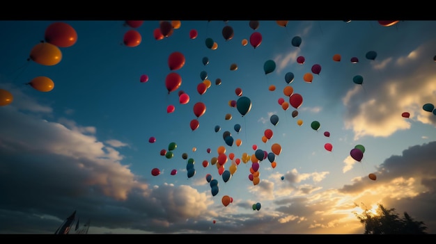 Uma imagem de balões com as palavras "feliz aniversário" na parte inferior.