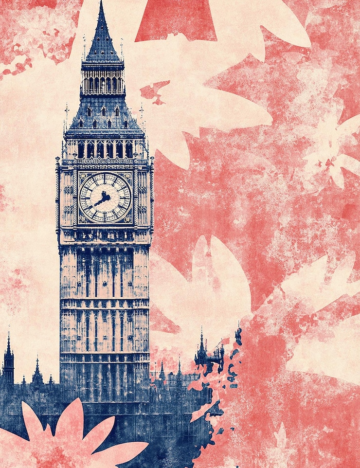 Foto uma imagem de big ben com um fundo vermelho com uma imagem de um relógio nele