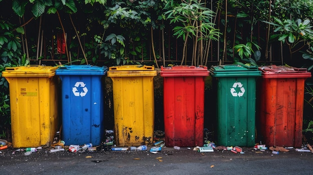 Foto uma imagem de caixas de reciclagem de diferentes cores alinhadas cuidadosamente