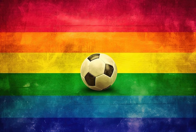 uma imagem de campo de futebol com um fundo de bandeira lgbt de arco-íris