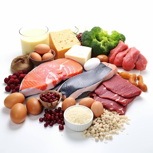 Foto uma imagem de carboidratos, proteínas, gorduras e alimentos energéticos em fundo branco