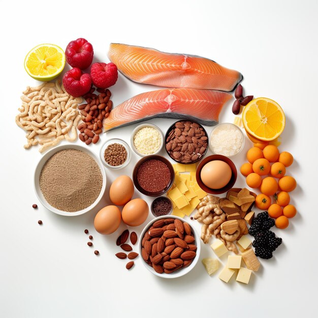 Foto uma imagem de carboidratos, proteínas, gorduras e alimentos energéticos em fundo branco