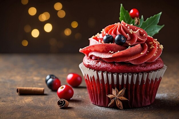 Uma imagem de cupcake de férias vermelho com bagas de canela e arco estelar