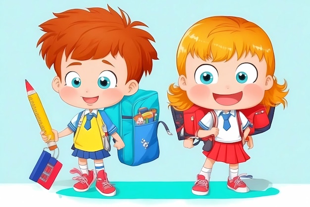 uma imagem de desenho animado de duas crianças com uma mochila e um livro chamado escola.