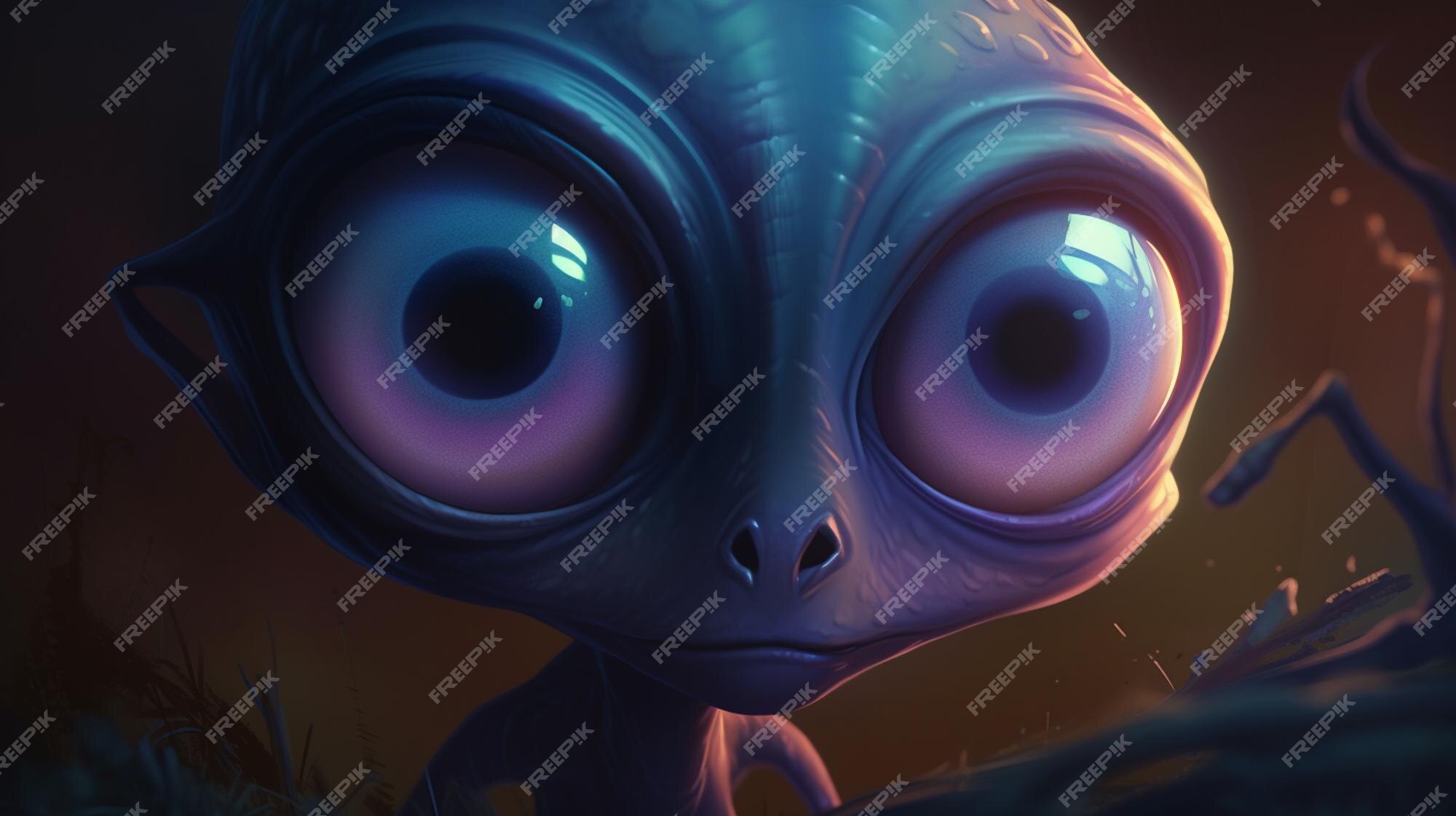 Personagem de desenho animado de um alienígena azul com olhos grandes em um  fundo branco