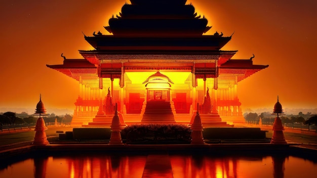 Uma imagem de desenho animado de um edifício com um templo no meio.