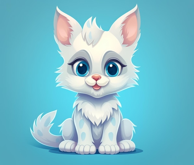 Uma imagem de desenho animado de um gato branco com olhos azuis e olhos azuis fica sobre um fundo azul.