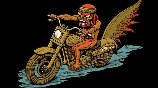 Uma imagem de desenho animado de um homem andando de moto com um capacete na cabeça e asas na frente.
