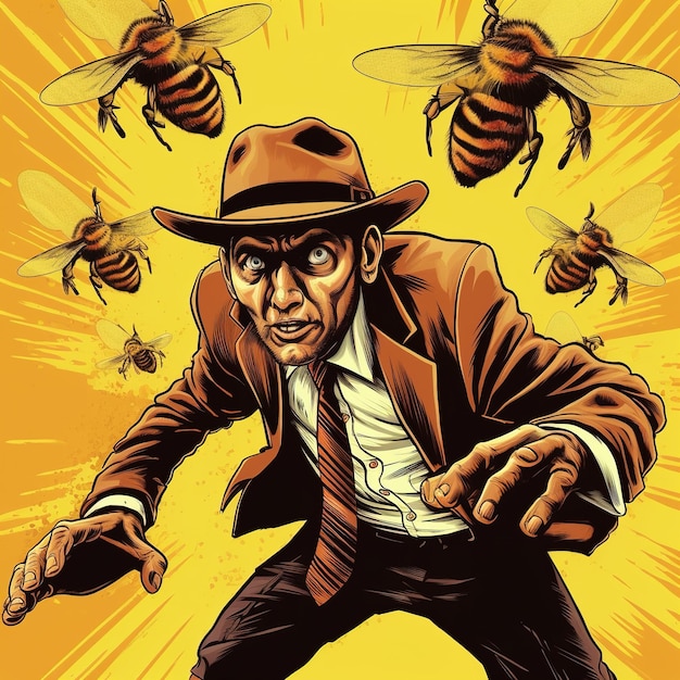 Foto uma imagem de desenho animado de um homem com um chapéu e um terno com abelhas ao seu redor