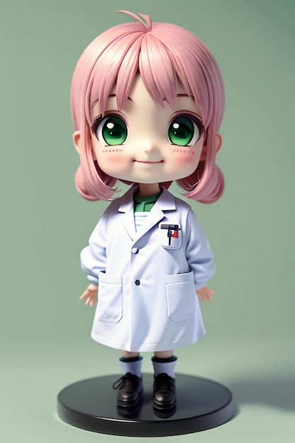 Uma imagem de desenho animado de um médico vestindo um jaleco branco com lindos olhos grandes estilo anime modelagem 3D