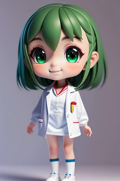 Uma imagem de desenho animado de um médico vestindo um jaleco branco com lindos olhos grandes estilo anime modelagem 3D