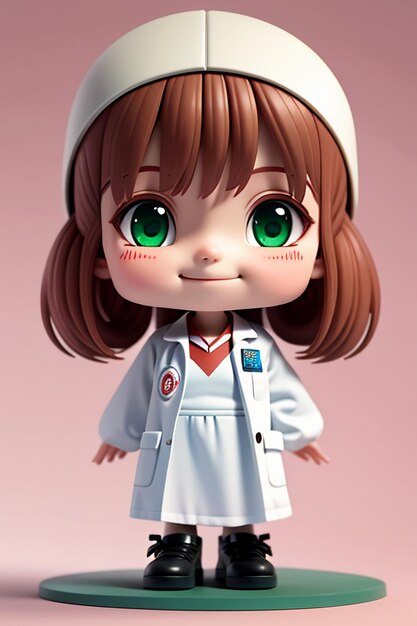 Uma imagem de desenho animado de um médico vestindo um jaleco branco com lindos olhos grandes estilo anime modelagem 3D