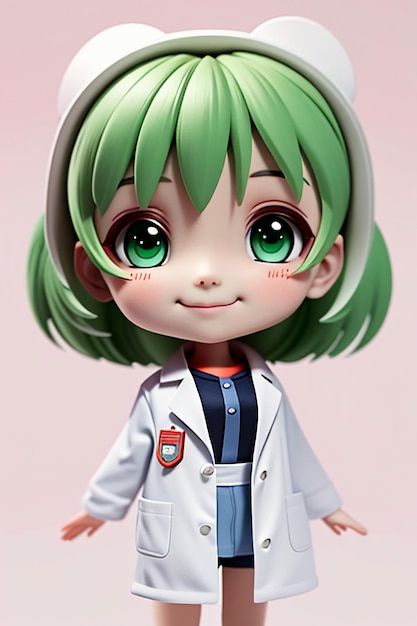 Uma imagem de desenho animado de um médico vestindo um jaleco branco com lindos olhos grandes estilo anime modelagem 3D