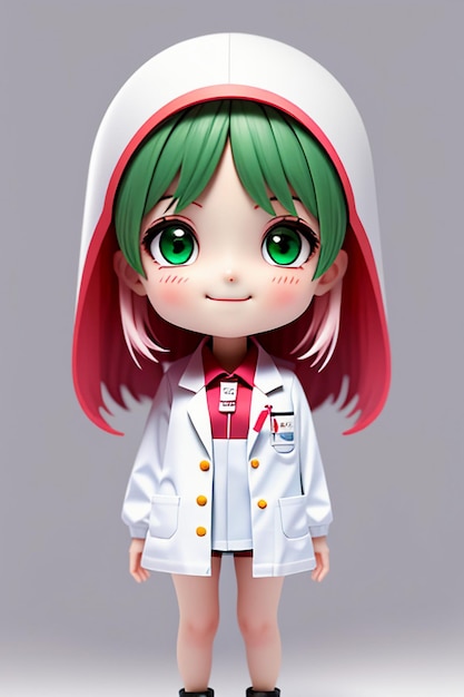 Uma imagem de desenho animado de um médico vestindo um jaleco branco com lindos olhos grandes estilo anime modelagem 3D