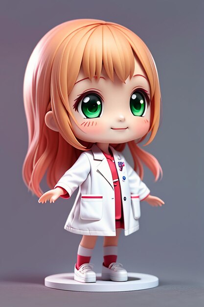 Uma imagem de desenho animado de um médico vestindo um jaleco branco com lindos olhos grandes estilo anime modelagem 3D