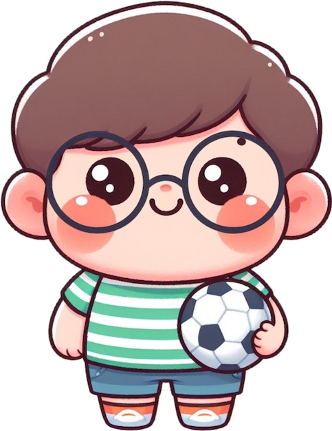 uma imagem de desenho animado de um menino com óculos e uma bola de futebol