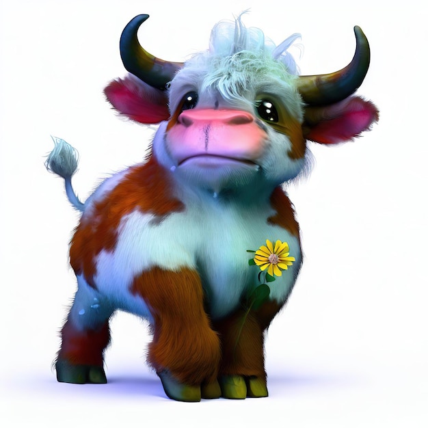 Uma imagem de desenho animado de um touro com uma flor na boca.