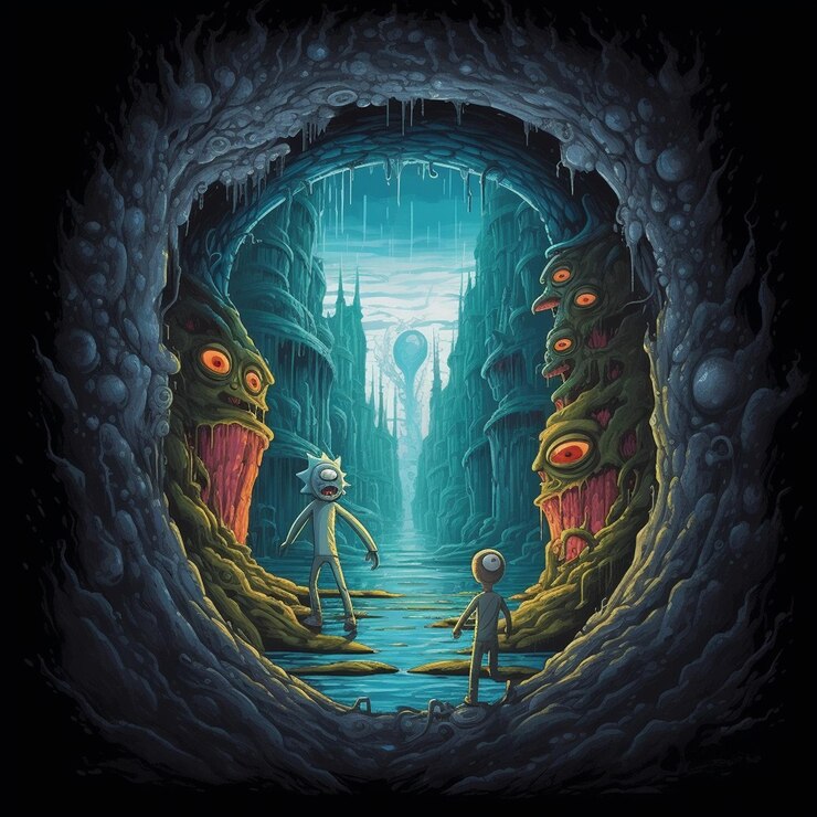 Foto uma imagem de desenho animado de uma caverna com um par de personagens nele