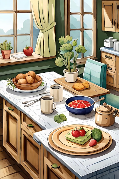 Uma imagem de desenho animado de uma cozinha com uma mesa com comida.