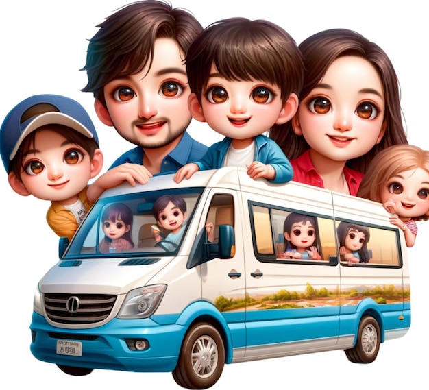 Foto uma imagem de desenho animado de uma família com uma carrinha que diz crianças felizes